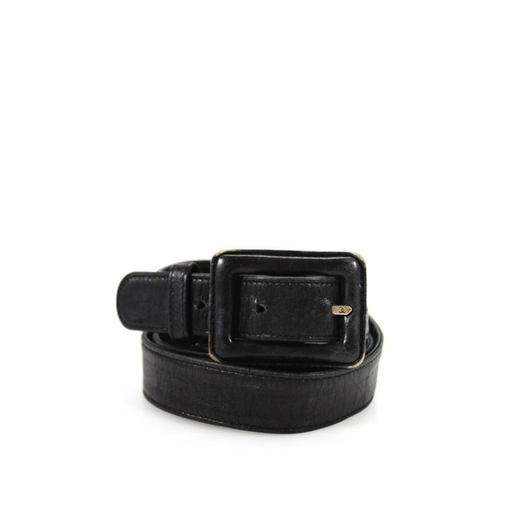 Chanel Womens Leather Rectangle Buckle Belt Black Silver Size 34